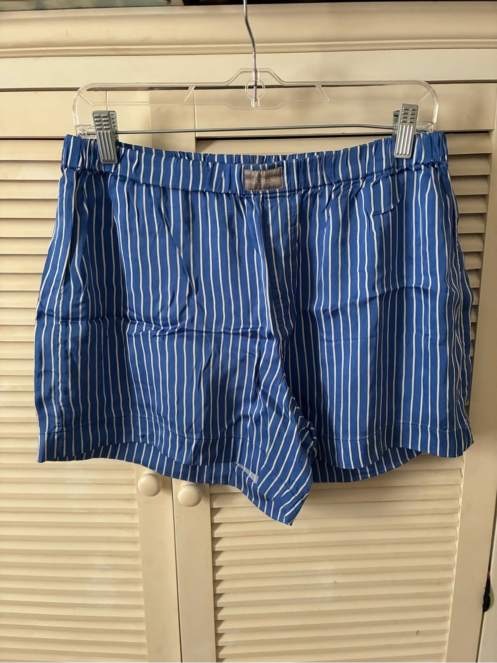 J. Crew Women’s Blue and White Stripe Satin Boxer Shorts